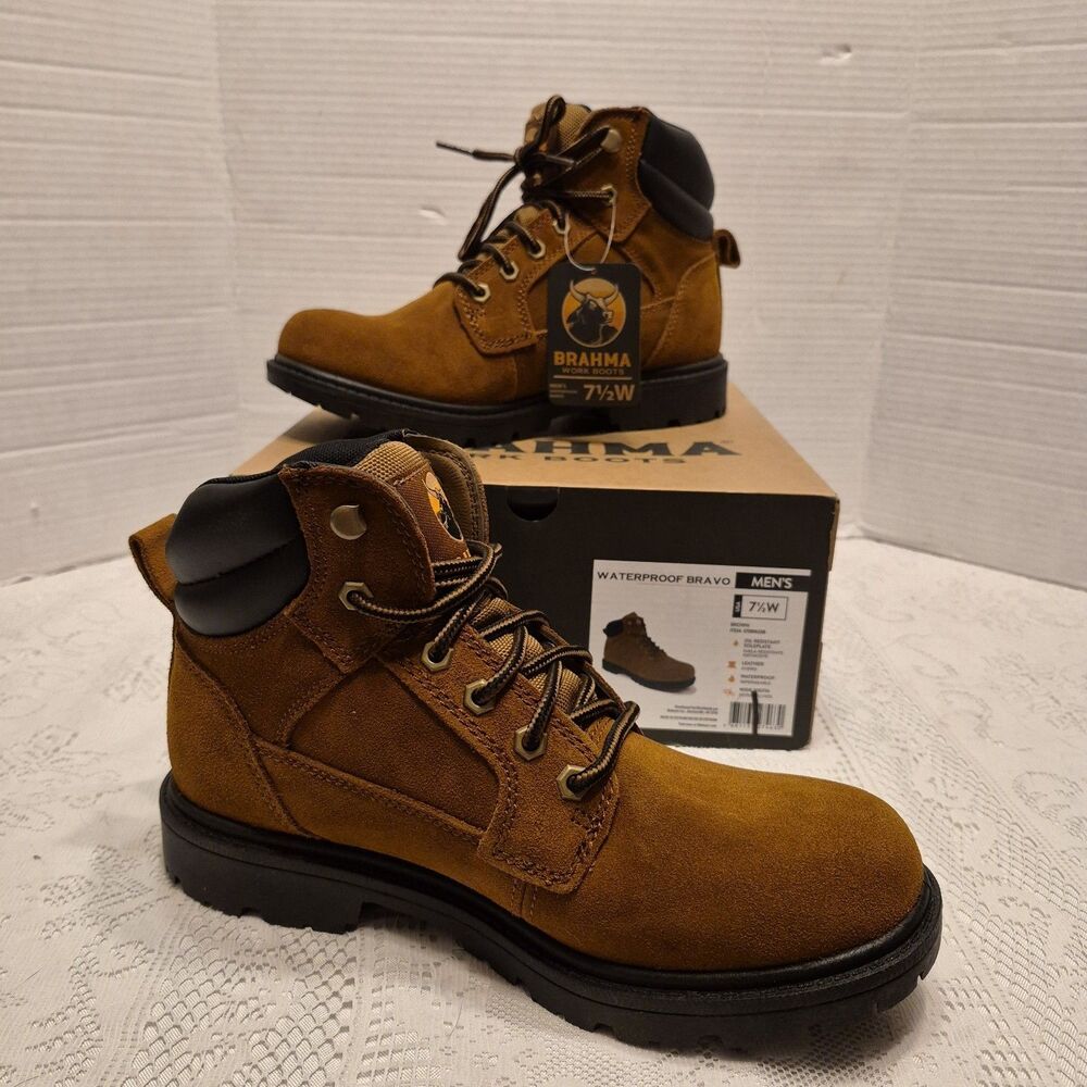 Brahma Mens 7.5 Wide Bravo Waterproof Work Boot Brown Suede Leather Soft Toe